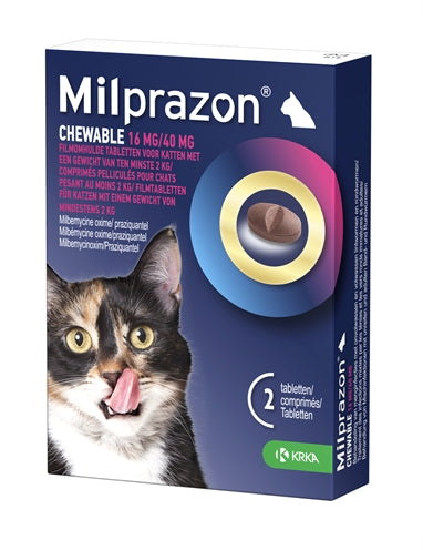 Krka Milprazon Kauwtabletten Ontwormingstabletten Kat >2 Kg 16 Mg/40 Mg 2 Tbl