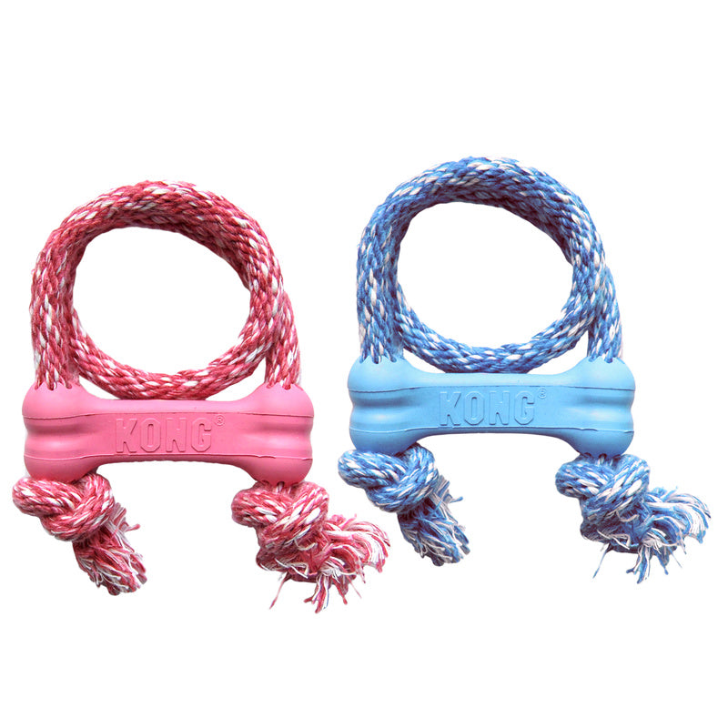 Kong Puppy Goodie Bone Rubber Met Touw Roze Of Lichtblauw Assorti 8,5X2X3 Cm