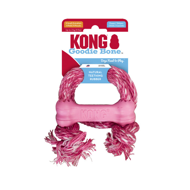 Kong Puppy Goodie Bone Rubber Met Touw Roze Of Lichtblauw Assorti 8,5X2X3 Cm