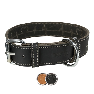 Trixie Halsband Hond Rustic Vetleer Heartbeat Zwart 38-47X4 Cm